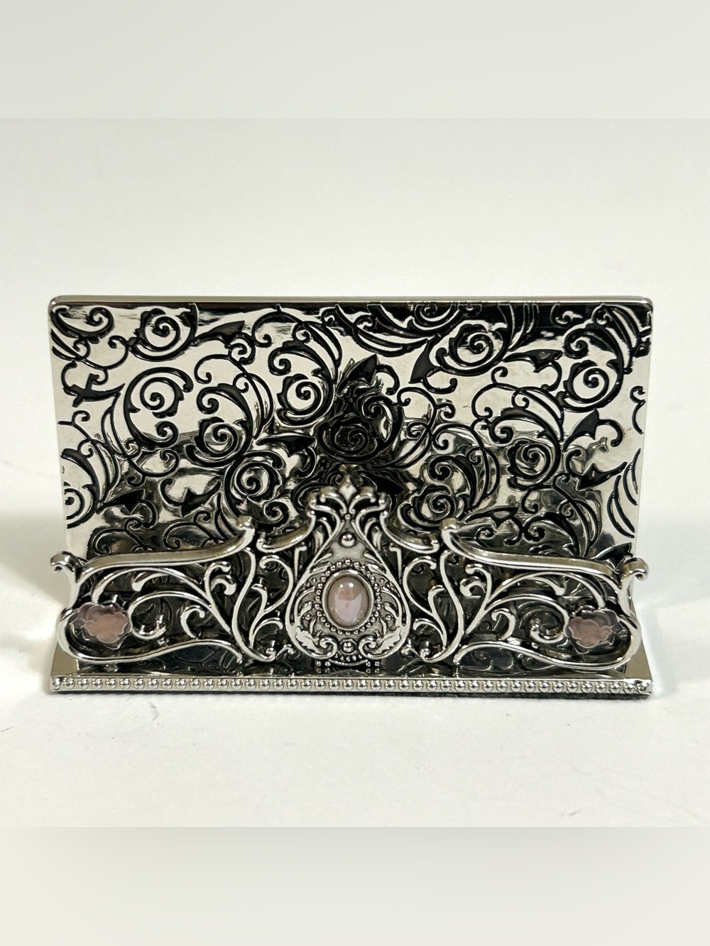 Ornate Silver-Tone Filigree Business Card Holder with Pink Stone Accents